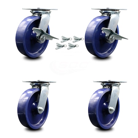 Service Caster 8 Inch Solid Poly Caster Set with Roller Bearing 4 Swivel Lock and 2 Brake SCC SCC-35S820-SPUR-SLB-BSL-2-BSL-2